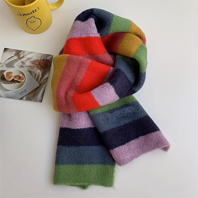 

[1pc Rainbow Stripes Scarf] 1pc Acrylic Knitted Striped Scarf, Unisex Winter Warmth, Elastic, Stripe Pattern, with Windproof, Snow-Resistant Features, One Size