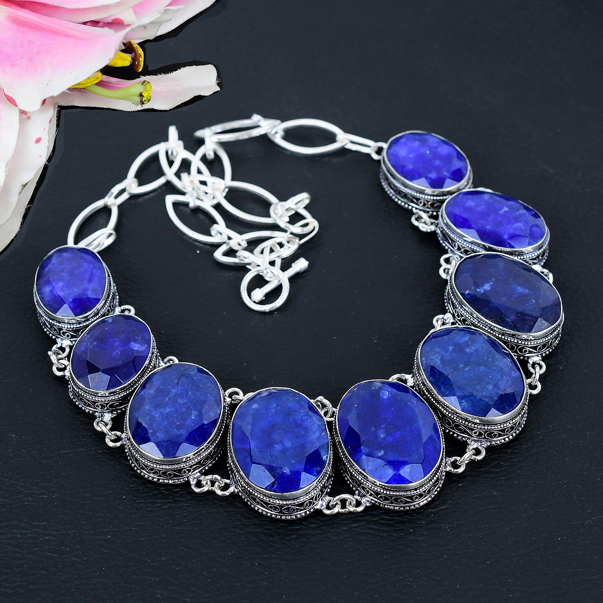 

Blue Jade Gemstone Handmade 925 Sterling Silver Jewelry Necklace 18 KG-1635