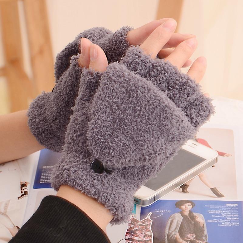Niedliche Korallenfleece-Tau-Halbfinger-Klapp-Tastaturhandschuhe, Damen Herbst- und Winter-verdickte warme Plüschhandschuhe