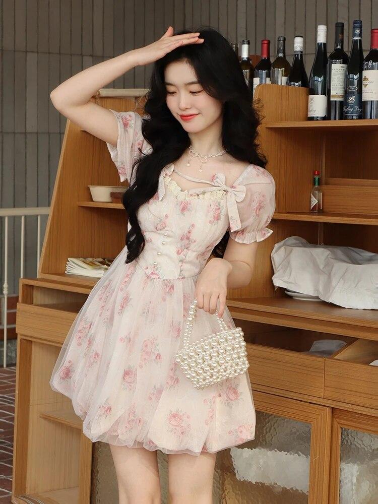 Floral Sweet Fairy Bodycon Dresses for Women Elegant Party Print French Female Korean Fashion Cute Mini Dress Summer 2024 Pink