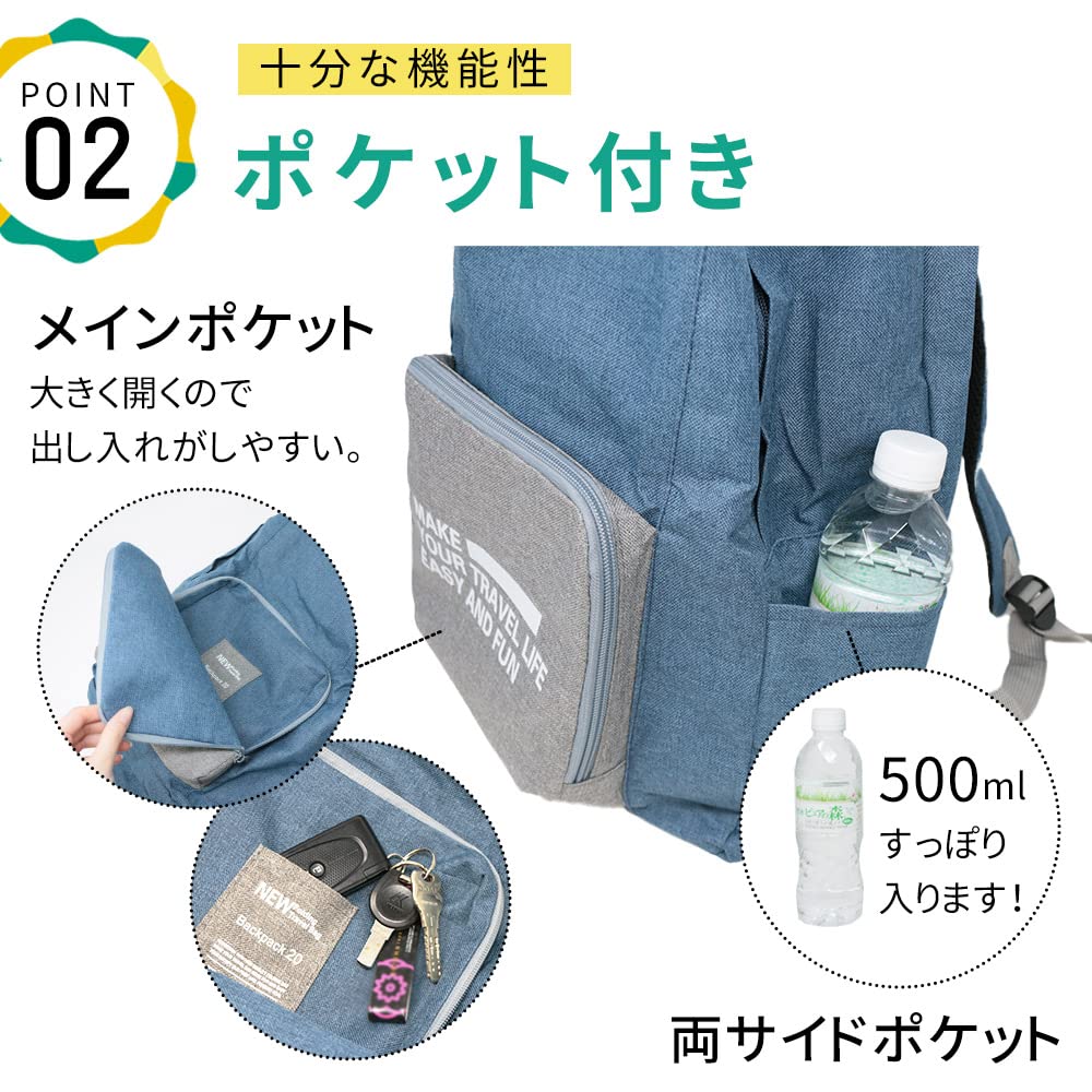 [Mitasu] Praktisch zu tragen Faltbarer, leichter Rucksack, 20L, blau, großes Fassungsvermögen, faltbar, umweltfreundlich, Reisetasche, Zweittasche, Handgepäck