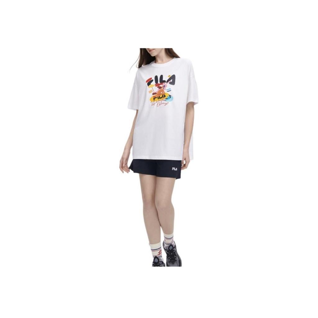 FILA American Vintage Illustration Print Crew Neck Casual Short Sleeve Drop Shoulder T-Shirt Women T-Shirt White F11W329107F-WT