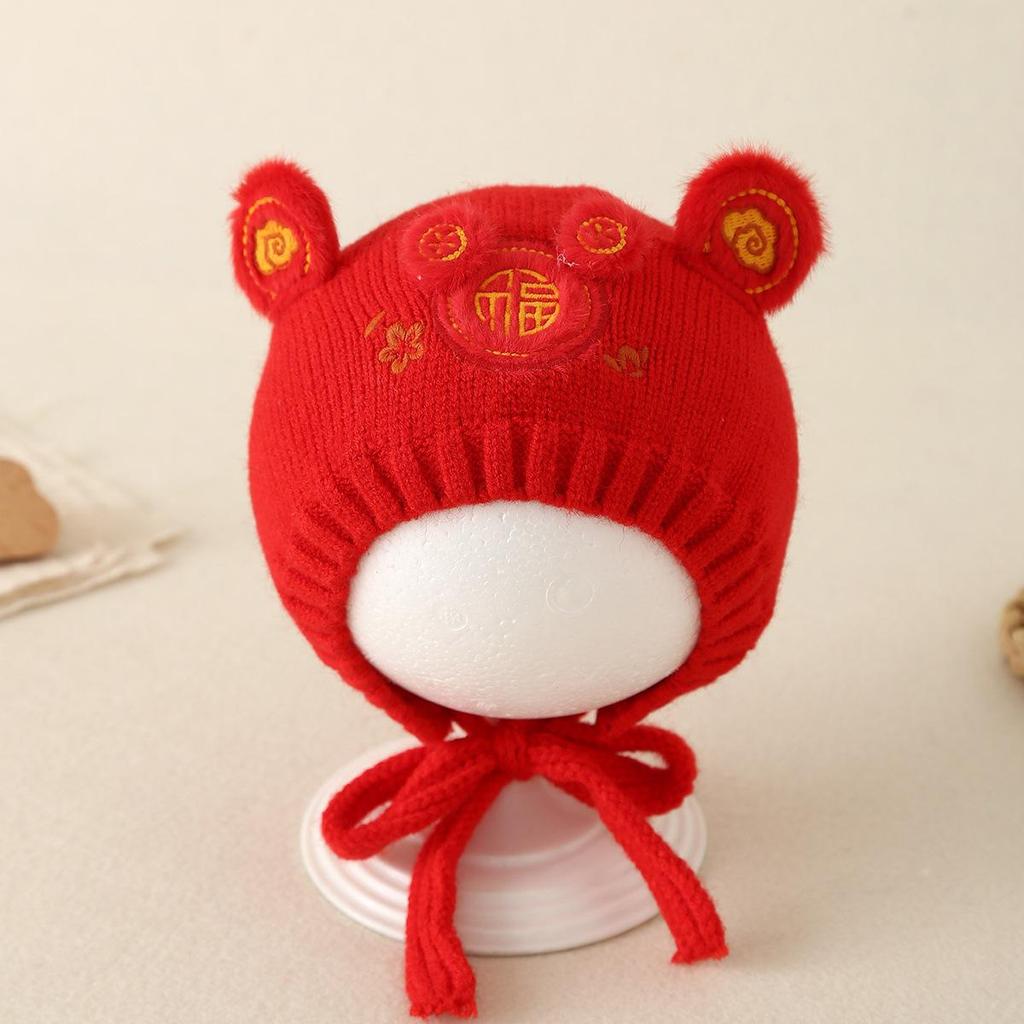 Unisex Baby Red Knitted Wool Hat with Ear Protection - Festive National Tide Style, Warm for Winter & New Year