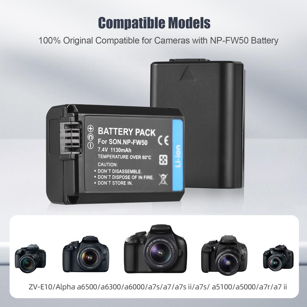 Camera NP-FW50 Battery & Charger Kit with 2-slot Battery Charger + 2pcs NP-FW50 Batteries 7.4V