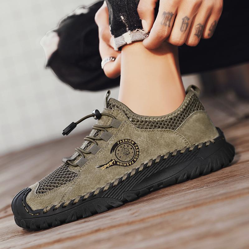 Handmade Genuine Leather Mesh Men's Shoes New Breathable Flat Casual Shoes Outdoor Walking Men's Sneakers Hiking Shoes Zapatilla