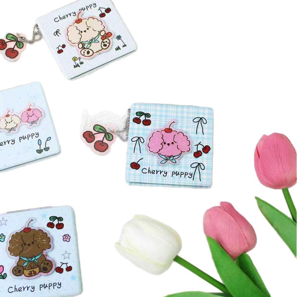Cherry Dog Keychain Double-Sided Foldable Makeup Mirror - Portable Cosmetic Mirror & Bag Charm for Girls