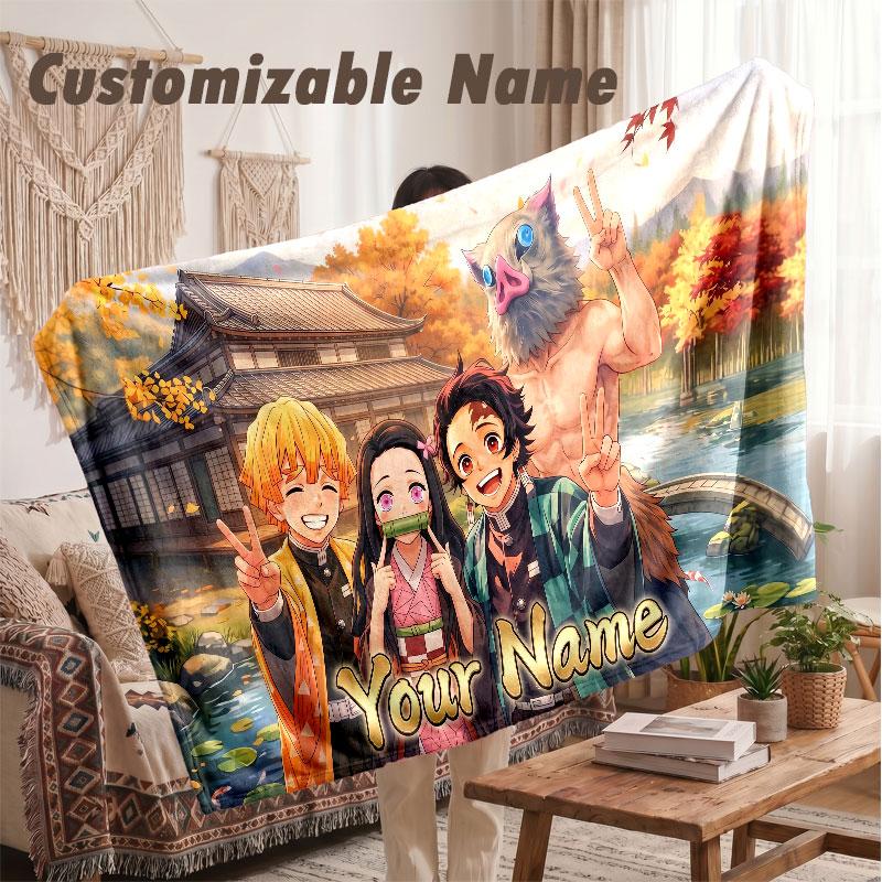 Custom Name Flannel Blanket,Demon Slayer Lightweight Warm Bed Blanket For Couch & Holiday Gift