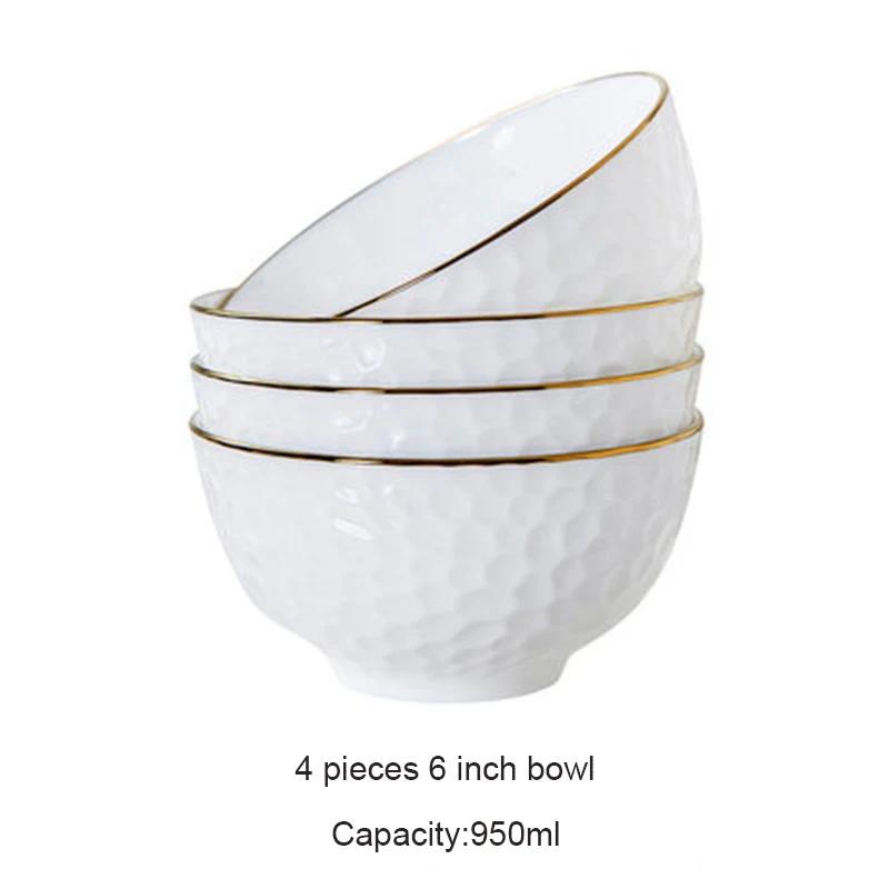 4Pcs Set Ramen Bowl Set Phnom Penh Embossed Rice Bowl High-quality Bone China 6 Inch Noodle Dinner Plate Set Ceramic Dinnerware