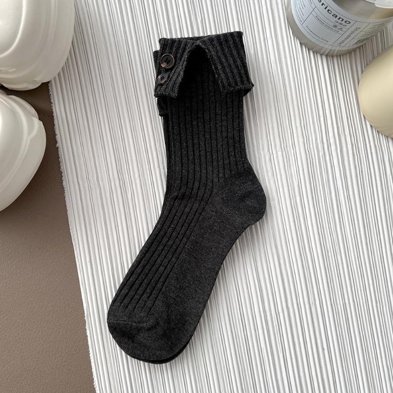 2025 New Turn-Up Cuff Socks with Hand-Sewn Buttons INS Causal Decorative Mid-Calf Cotton Socks for Girle Trendy Crew Socks