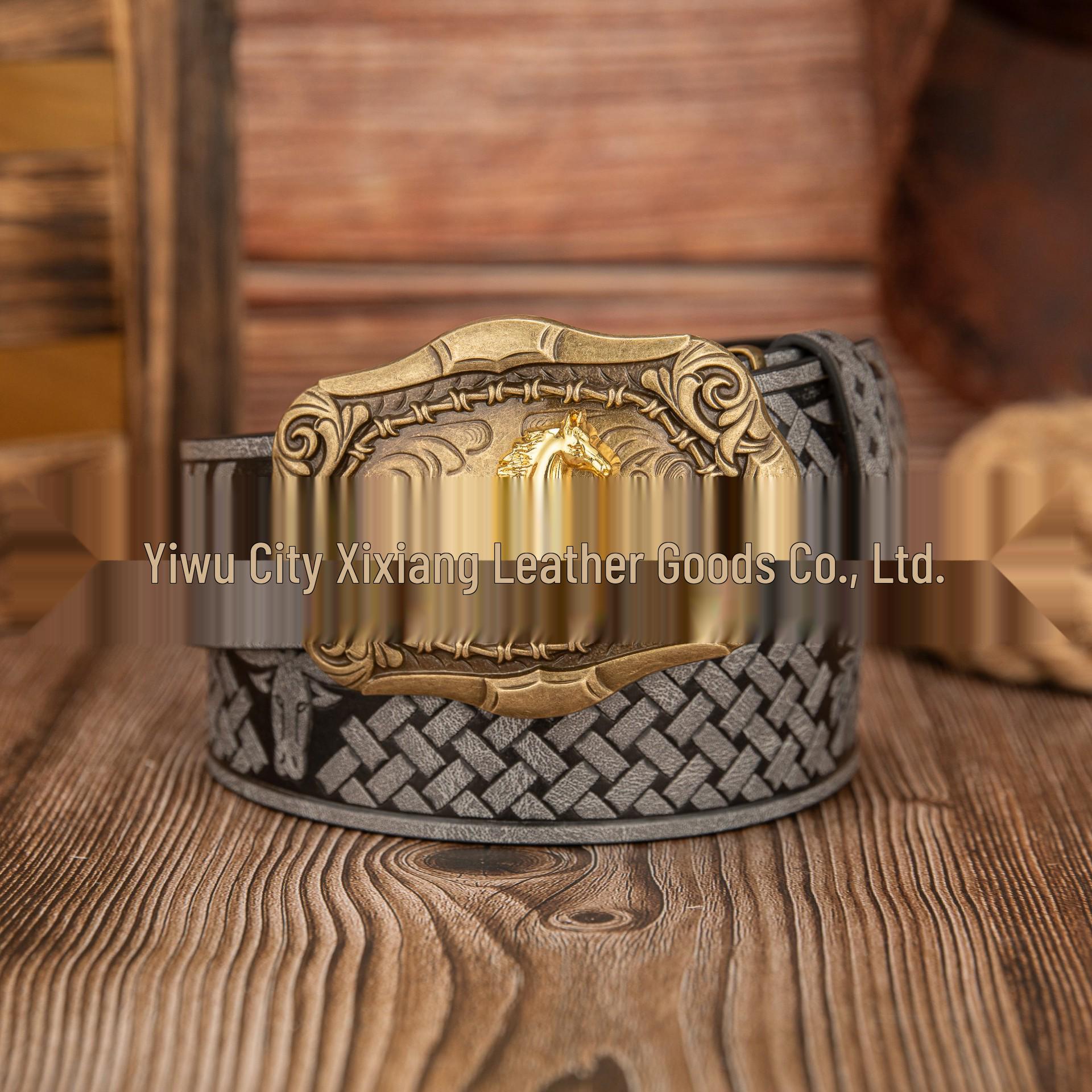 Retro Gold Galloping Horse Western Cowboy PU Leather Belt with Floral Buckle. 120cm
