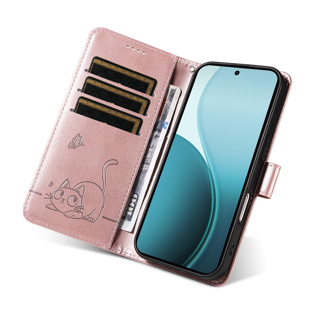 For Oppo Reno14 Pro 5G (China)/Oppo Reno14 Pro 5G (Global) Case Cat Pattern Imprint Leather Phone Cover with Wrist Strap