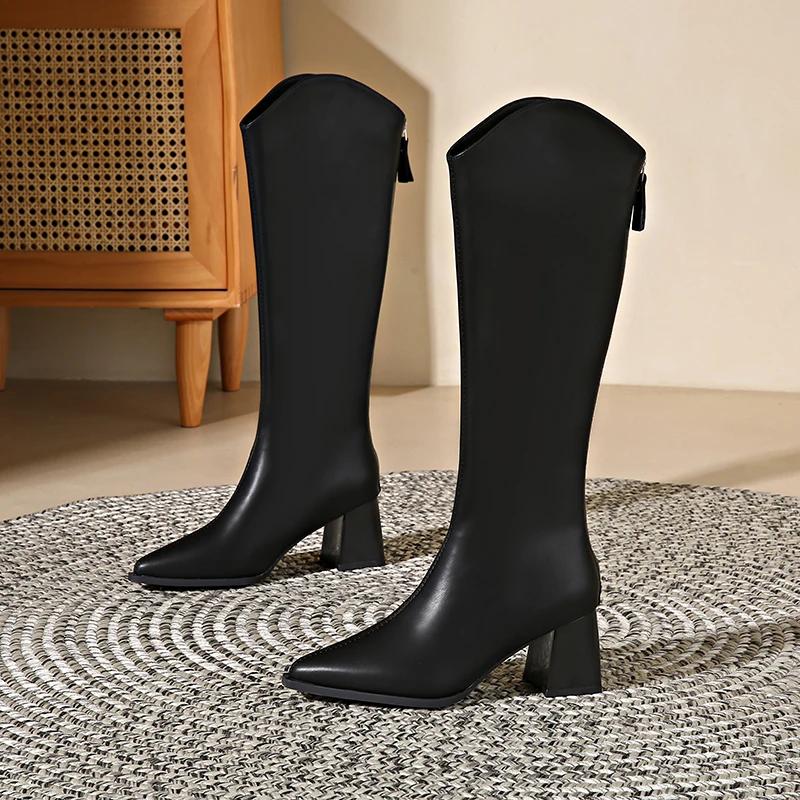 Fashion 2025 New Autumn Winter Keep Warm Fur Women Knee High Boots Fashion Pointed Toe Shoes Thick Heel Ladies Knight Long Booties