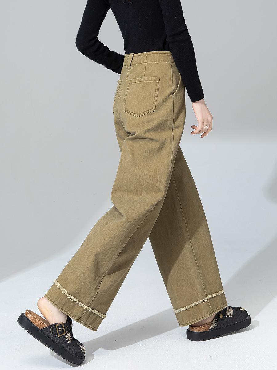 

Guang Mei Women s Retro Pleated Wide-Leg Pants - Loose Fit, Raw Hem, Pressed Edge, Water Cotton Casual Style 30