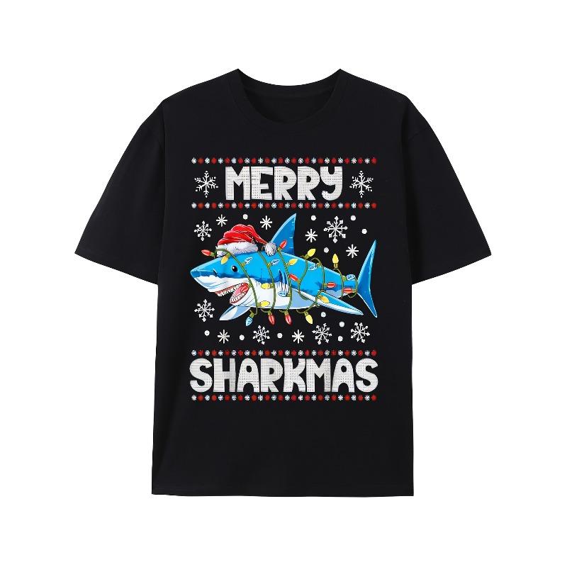 European Sizes Men'S Merry Sharkmas Santa Shark Christmas T-Shirt - Ugly Sweater Design with Red & White Shark Graphic