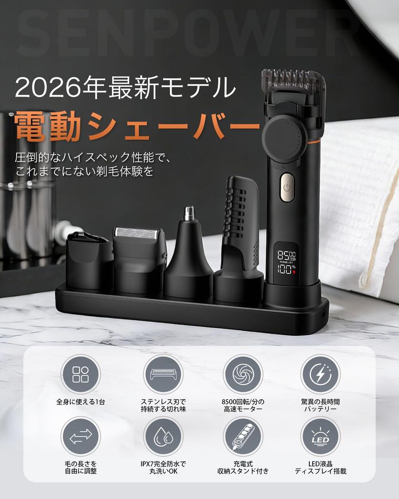SENPOWER VIO Body Shaver Trimmer Electric Waterproof Full Body Hair Beard Shaving Nose Unwanted Hair Removal LED Display Type-C Charging Stand