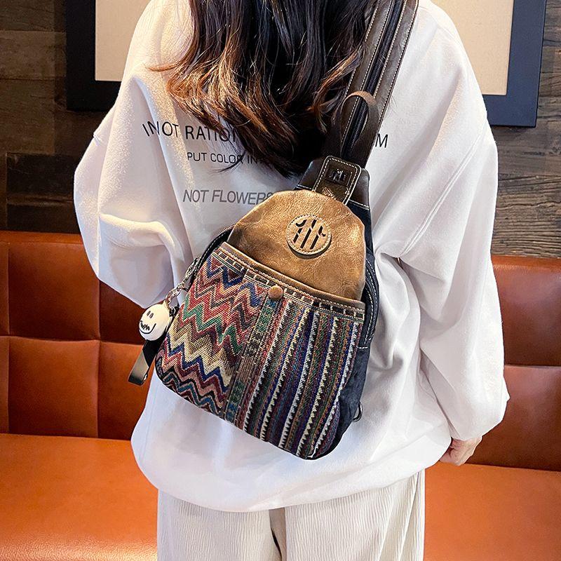 

Denim Three-Purpose Women s Bag 2025 New Retro Ethnic Style Multi-Layer Casual Lightweight Small Backpack Shoulder Chest Bag Denim Grey + Smiling Face Pendant