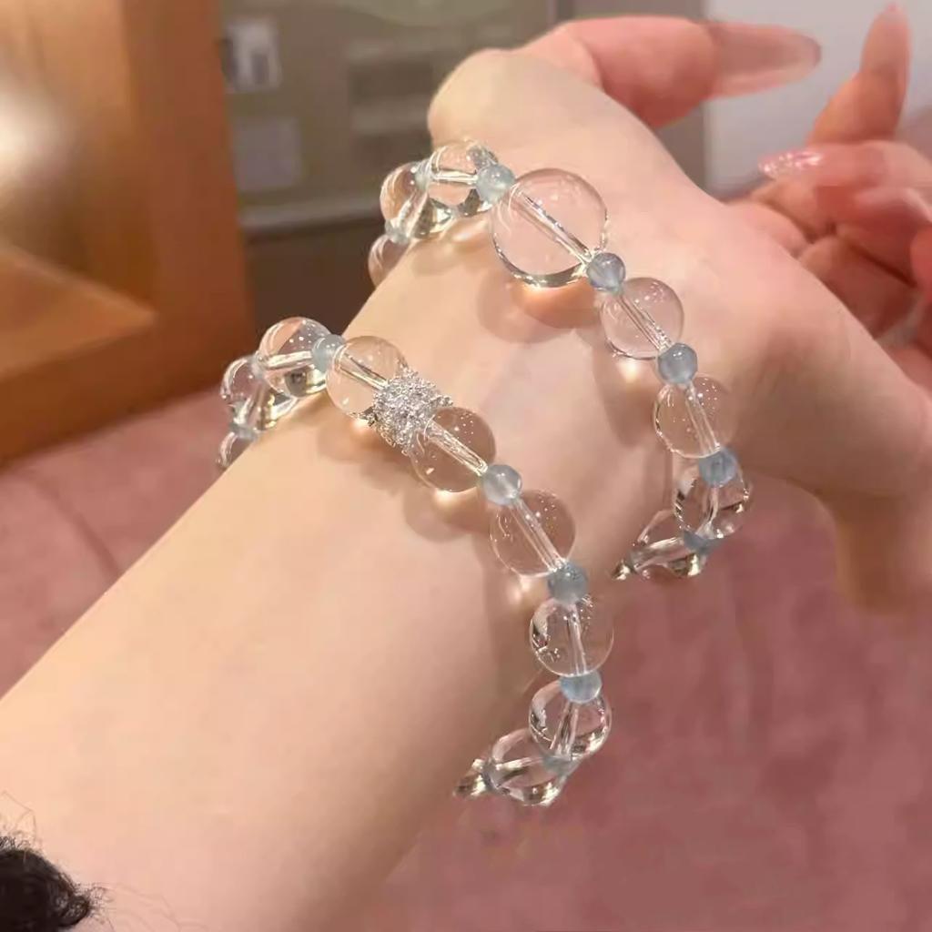 Natural Brazilian aquamarine and white crystal original design bracelet for women, a birthday gift for a best friend