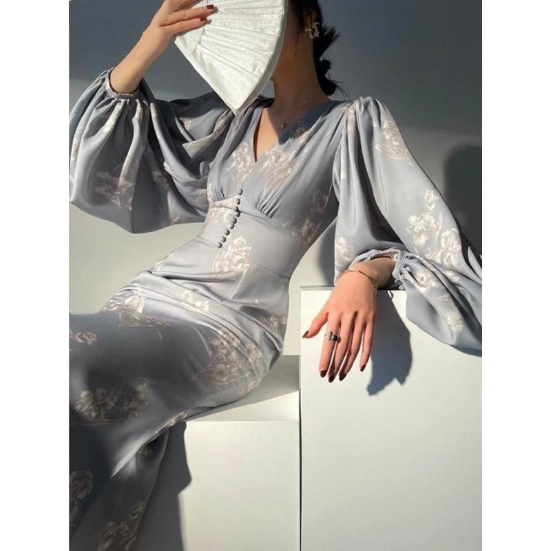 Neu Elegante Druck Meerjungfrau Kleider für Frauen Sommer Neue Slim V-ausschnitt Langarm Landebahn Partei Robe