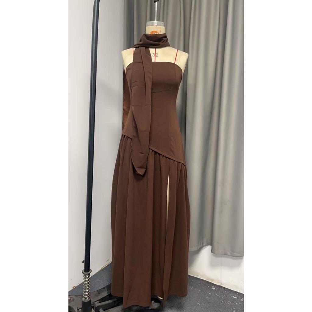European American Women's Strapless Solid Color Backless Dress, Sexy High Slit Long Party Dress, New Fashion Casual Maxi Dress