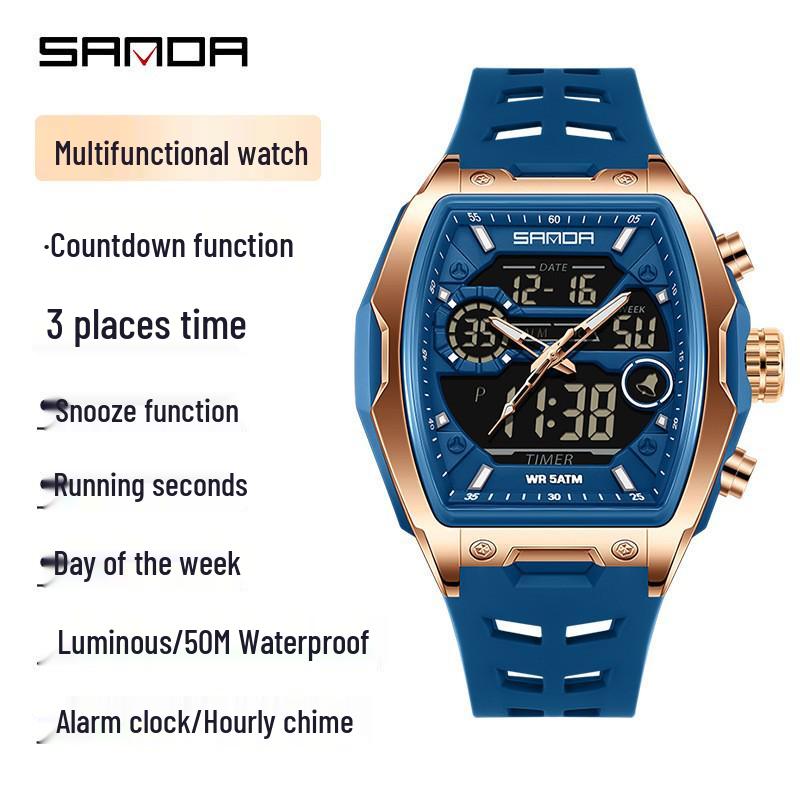 Sanda Dual-Movement Barrel Watch: Luminous Alarm, Large Dial, Multifunctional Student Watch.