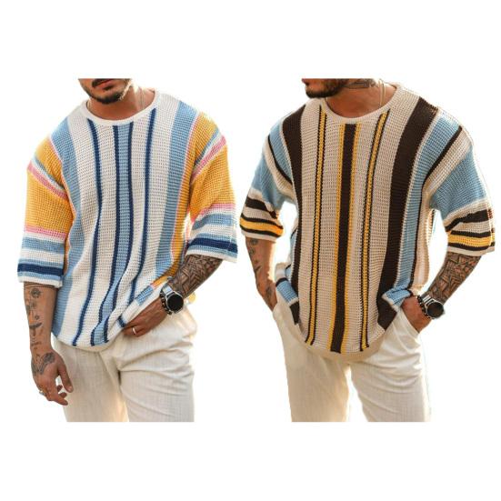 Suéter para Hombre Estampado a Rayas Cuello Redondo Tejido Media Manga Color a Juego Jersey Suelto Elástico Antiencogimiento Hombres Verano Otoño Primavera Suéter