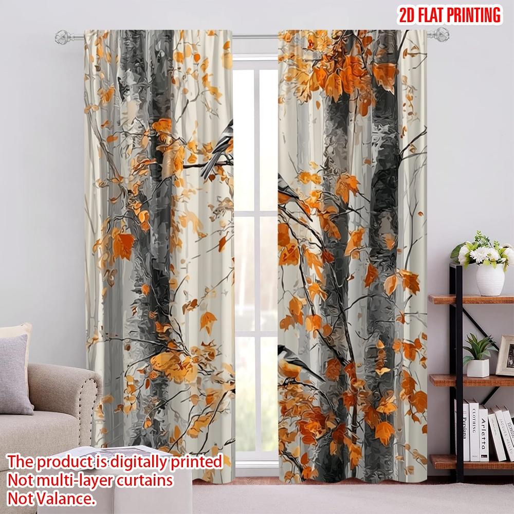 

Set Of 2 Flat Printing Party Curtains Autumn Forest Versatile Polyester Without Electricity Family Use Holiday Curtain W100*H70(CM)-Hooks&1PCS