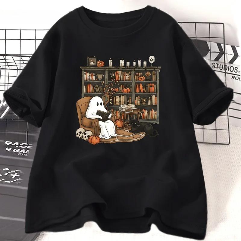 

Retro Ghost Reading Librarian Tshirt Halloween Teacher Tshirt Womens Boo School Tshirt Street Fashion Womens Clothing Y2K 4XL