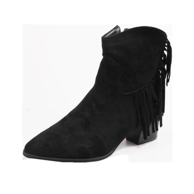 Autumn Winter Ankle Boots for Women, Matte Large Size, Tassel, Mid Heel, Side Zipper, Retro Pointed Toe Women's Boots