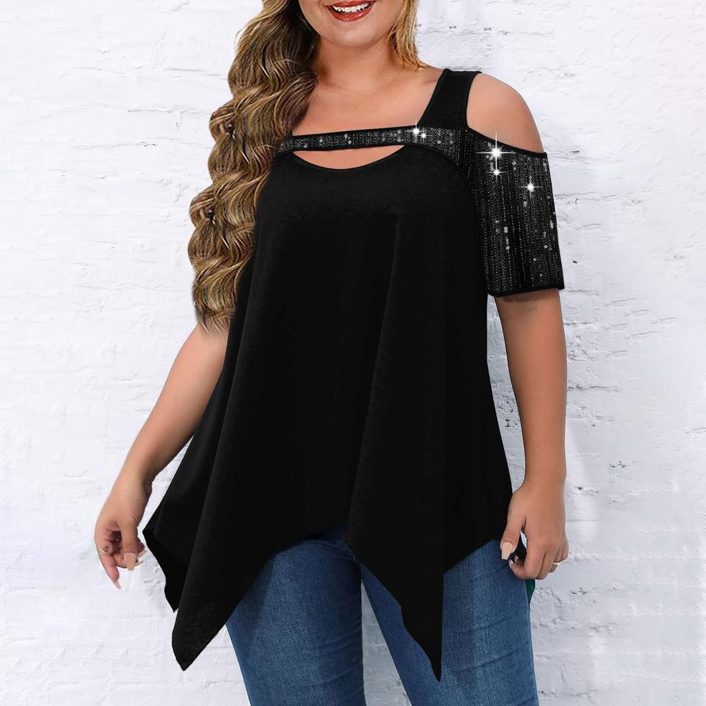 Damen-Top in Übergröße, kurzärmelig, lässig, mit Pailletten, hohl, T-Shirt, plissiert, fließend, Sommer-Tops