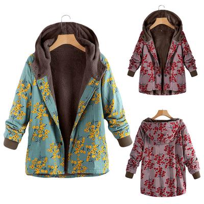 Damskie zimowe ciepłe znosić kwiatowy wzór z kapturem z nadrukiem Vintage Oversize Coats