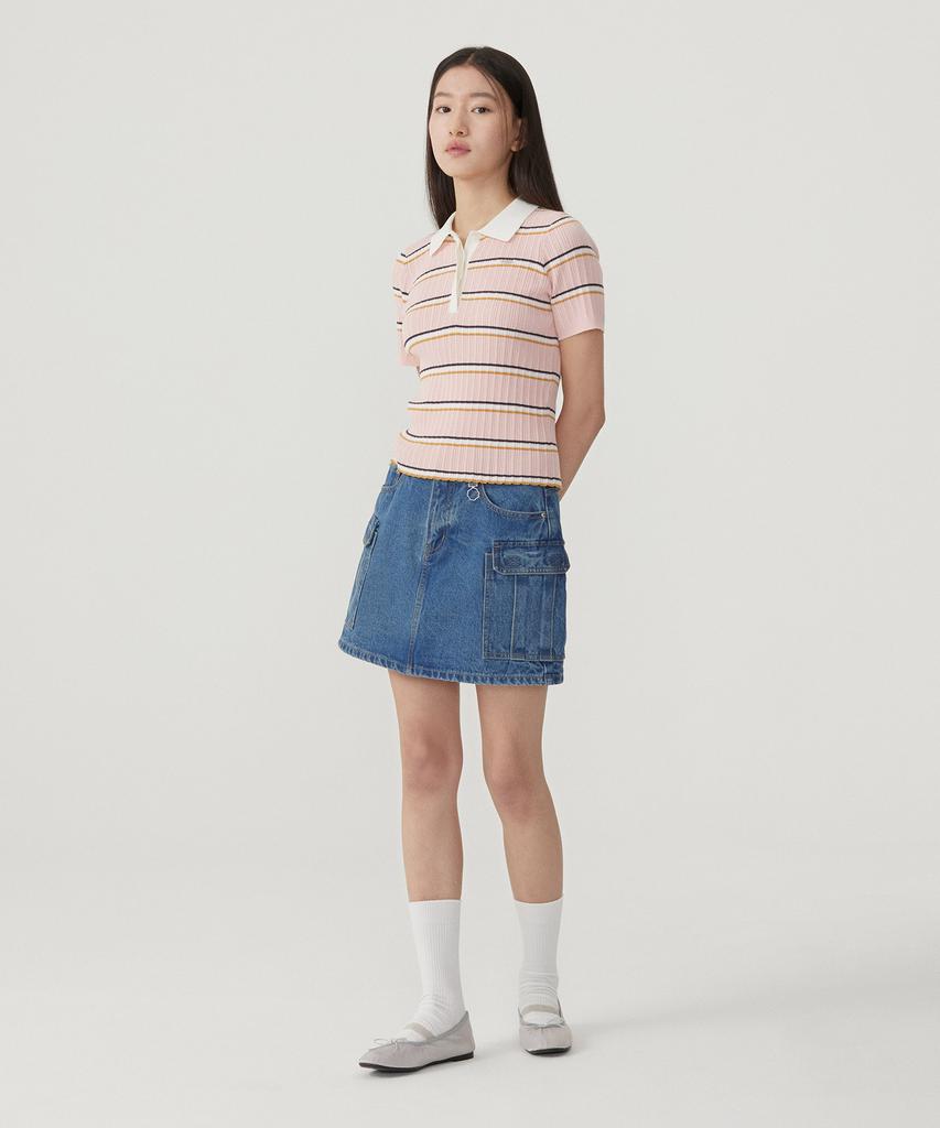 Covernat Woman Striped Collar Half Knit Pink