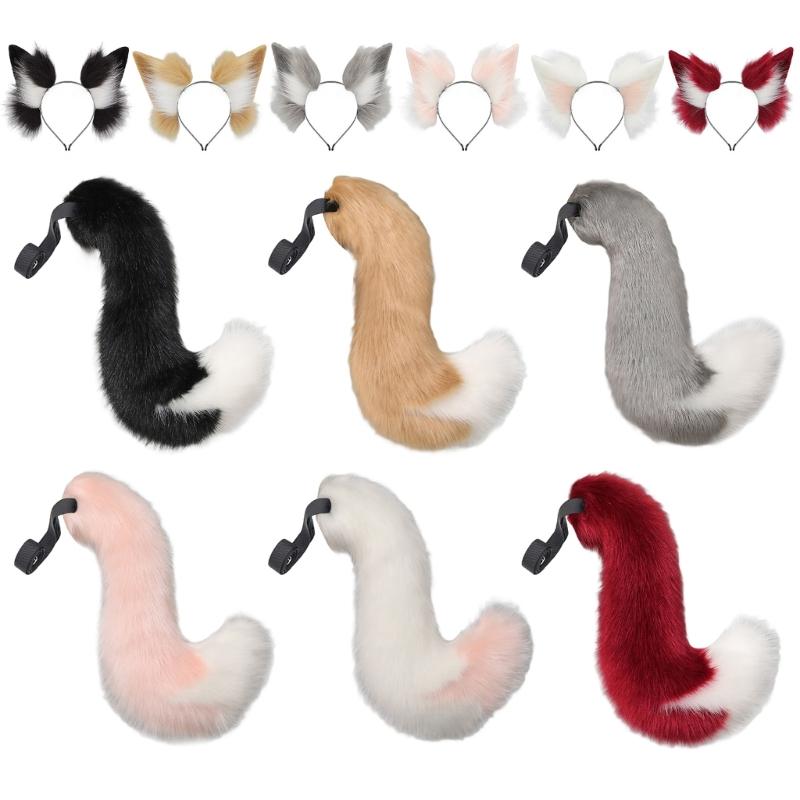 Wolf Foxes Tail Foxes Ears Headband Faux Furs Animal Tail Halloween Christmas Fancy Party Costume Gift for Women Men