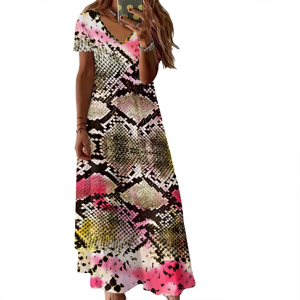 Summer Women's Short Sleeved V-neck Long Dress, 3D Fashionable Printed Pattern dress, Casual Vacation Style.