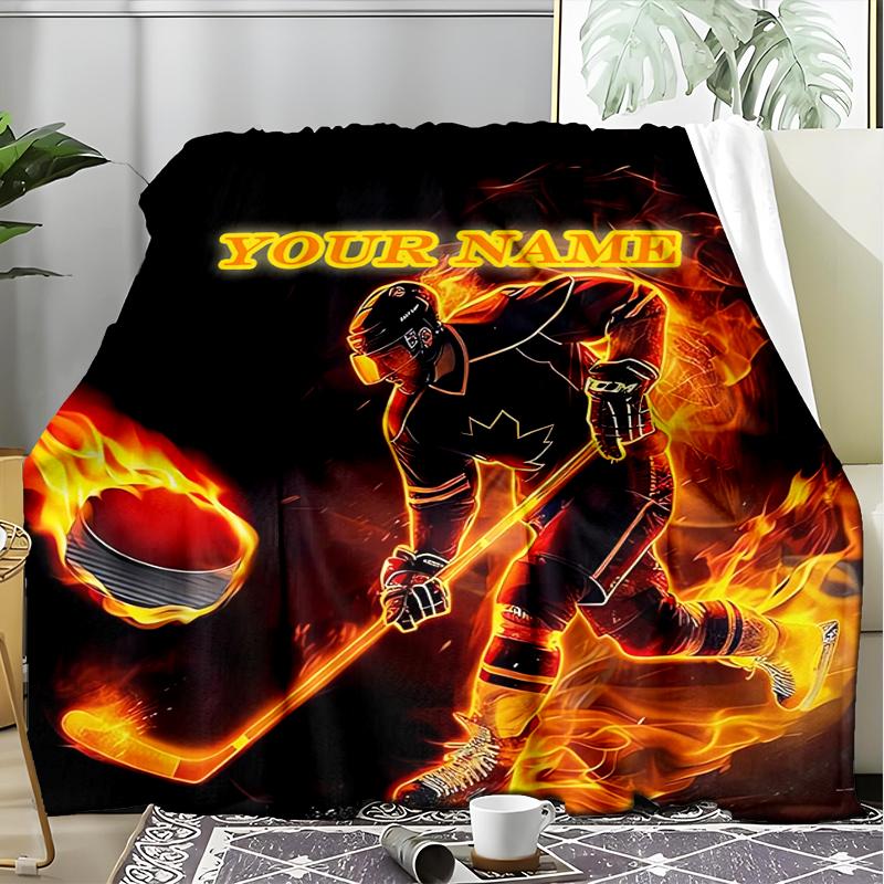 1PC Custom Name Hockey Player Artwork outdooor Flannel blankets Patterns Throw Blanket All-Season Soft Gift for Couch, Bed, Camping gifts