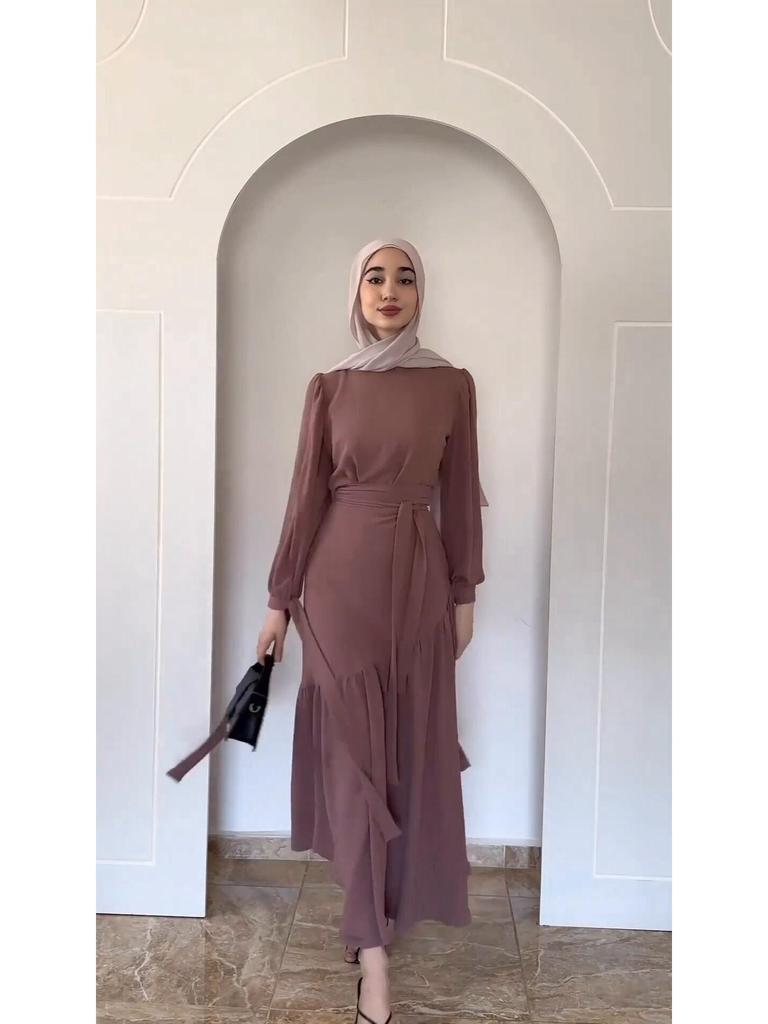 In Stock: 2024 Spring Dubai Long Sleeve Tie-Up Midi Dress Set