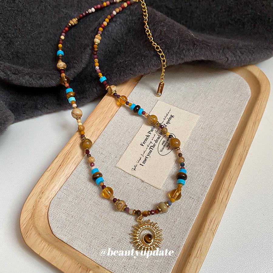 Natural Stone Sunflower Beaded Necklace with Titanium Steel Chain - Chinese Retro Light Luxury for Women