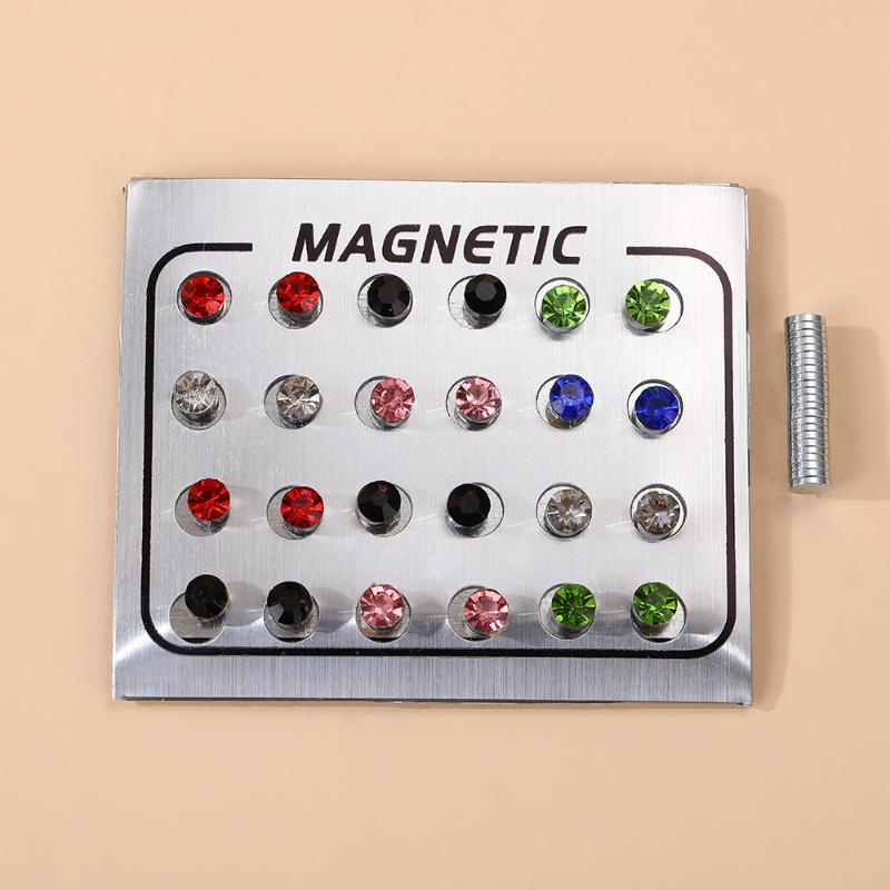 Magnetic Fake Earring Studs No Piercing Round Classic Crystal 4/5/6MM for Business Casual Occasion Wear