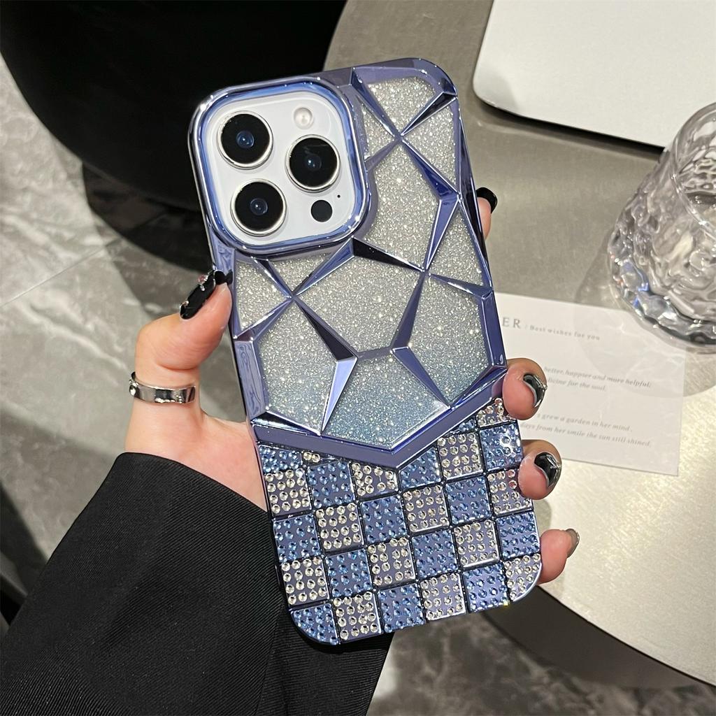 For iPhone 16 Pro Max Case with Glitter Paper Plate Geometric Diamond Pattern Rhinestone Electroplating TPU Phone Cover
