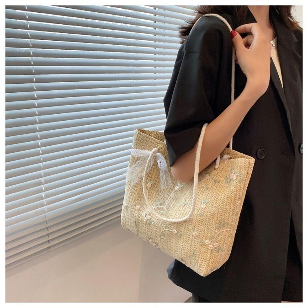 Travel Straw Shoulder Bag Summer Women's Totes Bag Ins Lace Straw Bag  for Ladies