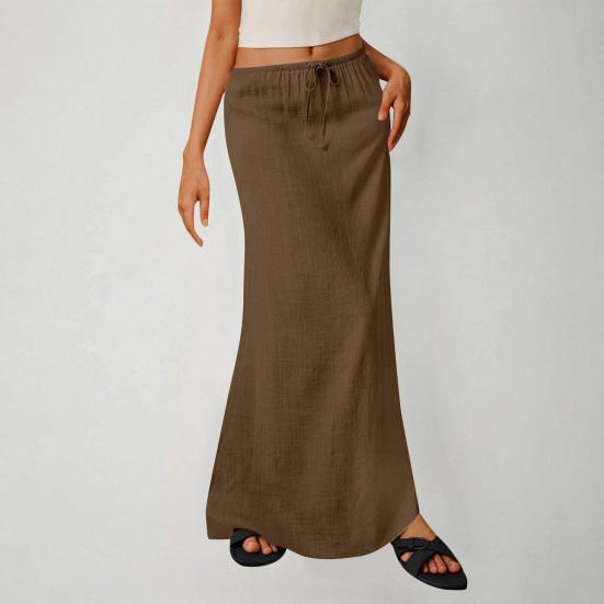Maxi sukně v boho stylu s vysokým pasem, nastavitelnou stahovací šňůrkou, dlouhá sukně s rozparkem vzadu, jednobarevná, sukně pro office lady