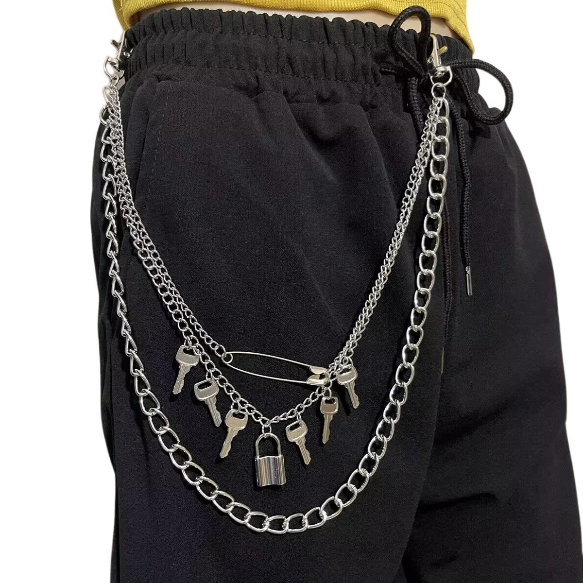 Retro metal key pendant, multi-layer waist chain, female punk trend lock-shaped trouser chain decoration