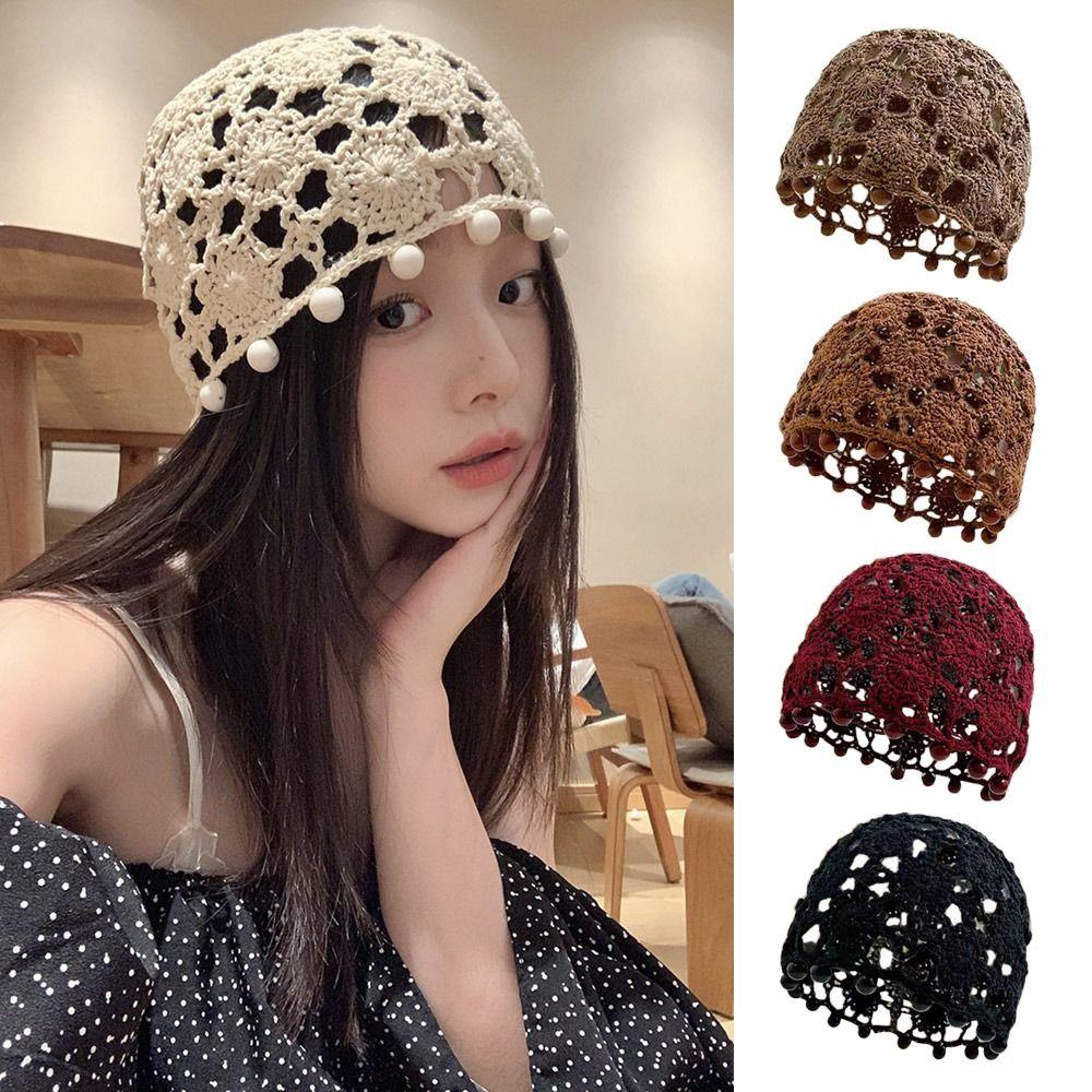 

Мереживна в язана шапка Flowers Skullies Hat. Дихаюча шапка-берет для жінок чорний