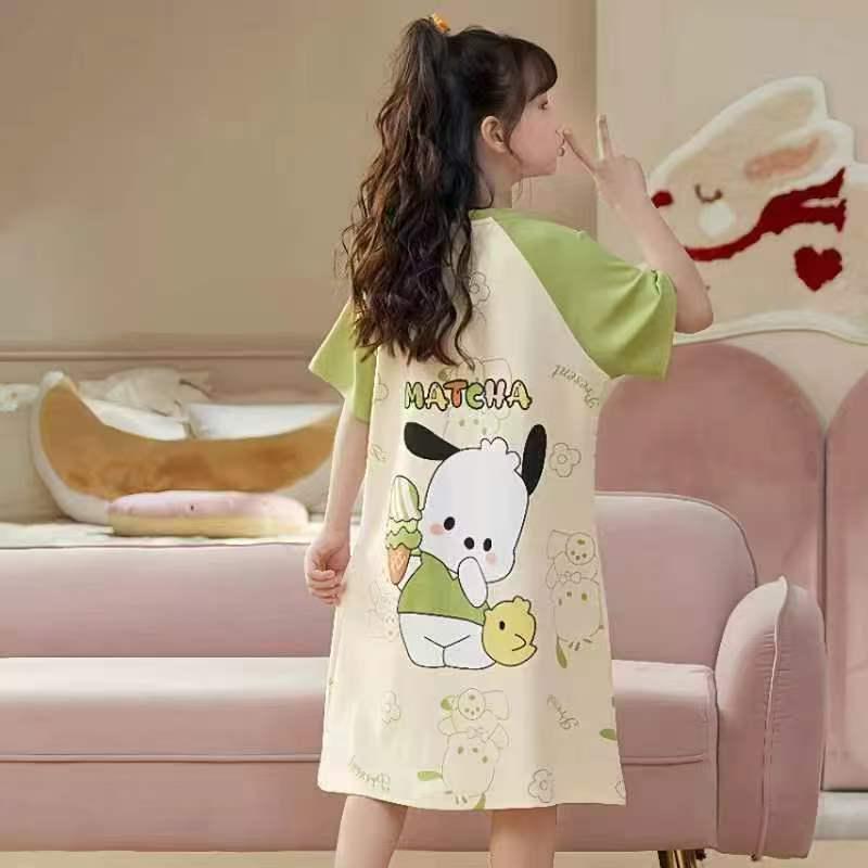 Girls' Short Sleeve Summer Pajama Set for Older Kids - Thin, Comfortable Homewear and A/C Nightgown