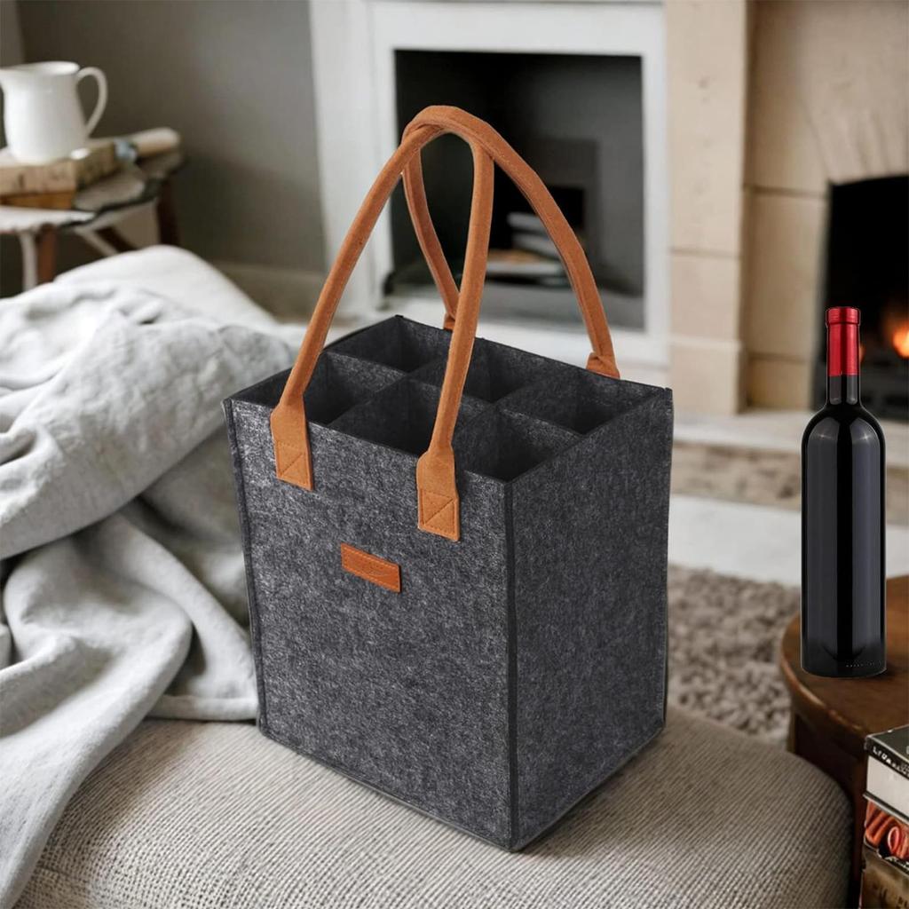 Insulated Wine Bag Felt 6 Bottles Carrier Padded Cooler Tote for Wine Lovers Wedding Christmas and Thanksgiving Gift Bag