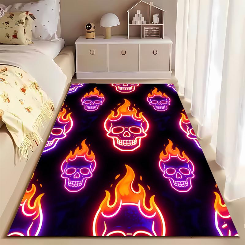 "Flaming Skull Neon Art Carpet, Bright Modern Decor, Black Base" Suitable for use as an anti-slip for living room bedroom sofas