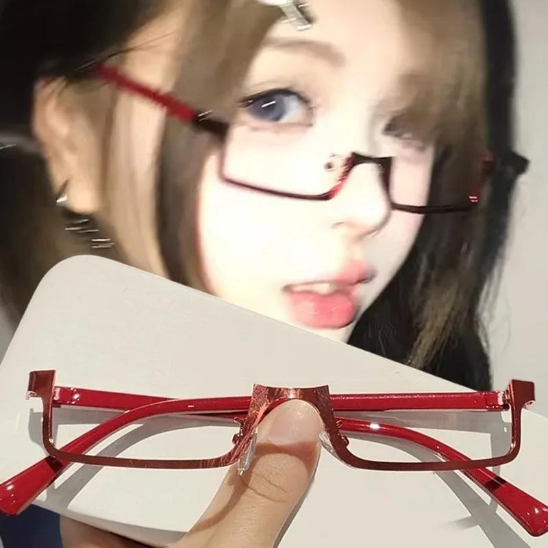 1/2Pcs Y2k Japanese Half-Frame Glasses Women Cosplay Red Black INS Vintage Metal Square No Lense Decoration Eyeglasses Frame