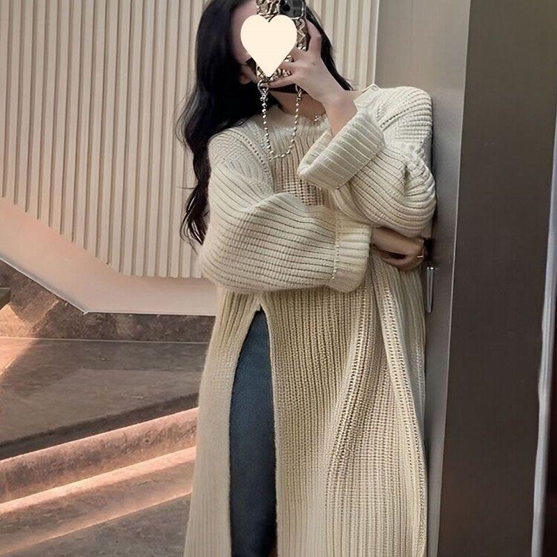 Irregular Slit Knitted Pullover for Women In Spring and Autumn Round Neck Long Loose and Lazy Style Long Sleeved Sweater