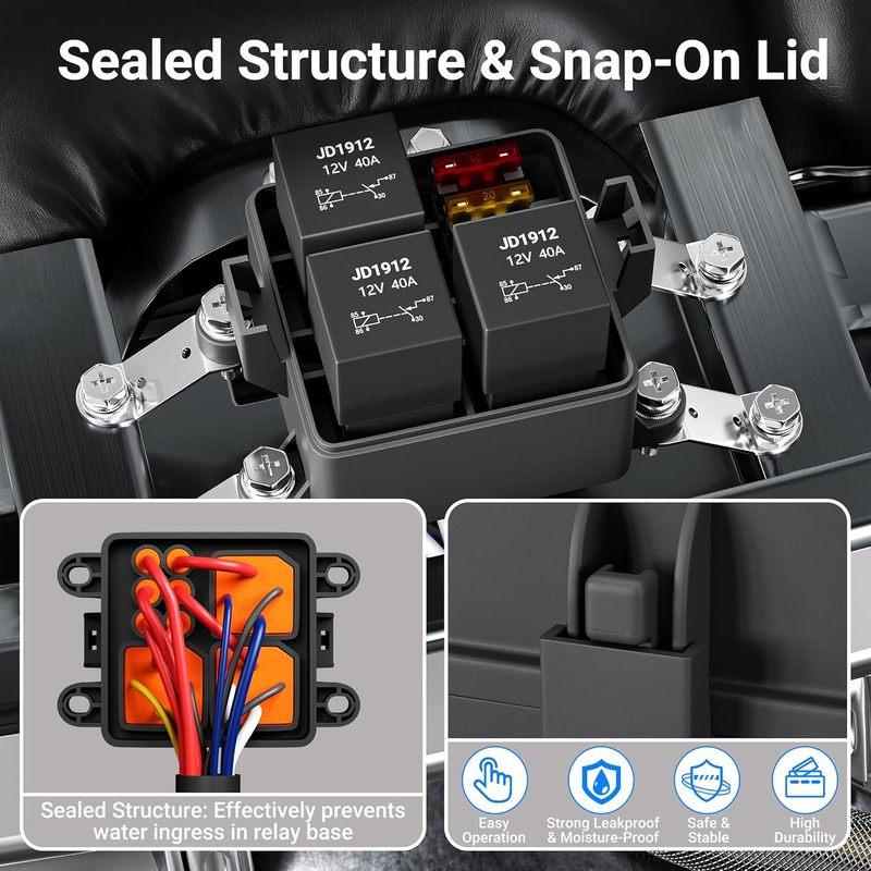 3 Way 12V Waterproof Relay Box Pre-Wired Fuse and Relay Box 3x4 Pin 40A Relay and 3 ATC/ATO Blade Fuse for Automotive Cars Truck