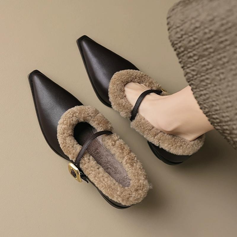 Elegant Metal Buckle Mary Janes Woman Chic Brand Design Fur Women Low Heel Dress Shoes Ladies Winter Warm Plush Belt Pump Zapato