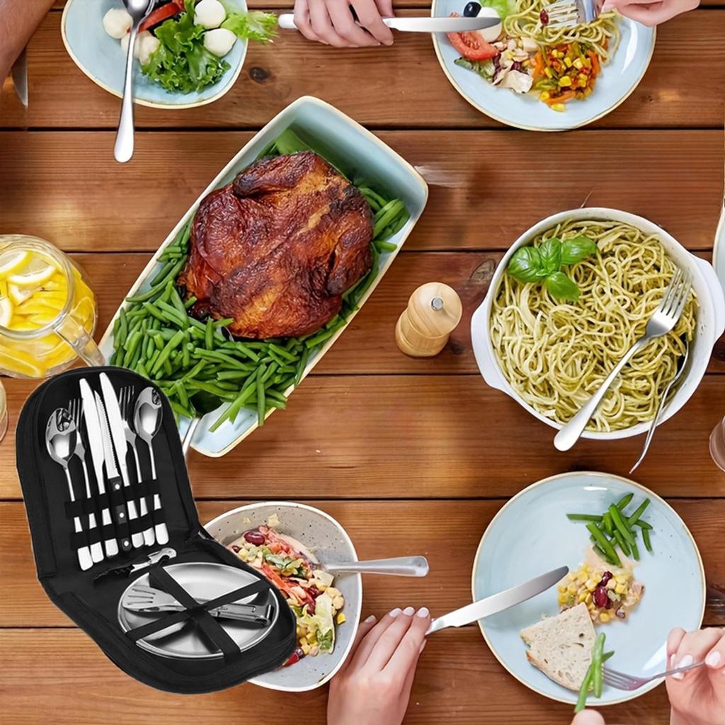 Stainless Steel Outdoor Cutlery Set with BBQ Plate, Tongs, Camping Knife, Fork, Spoon, and Portable Storage Bag